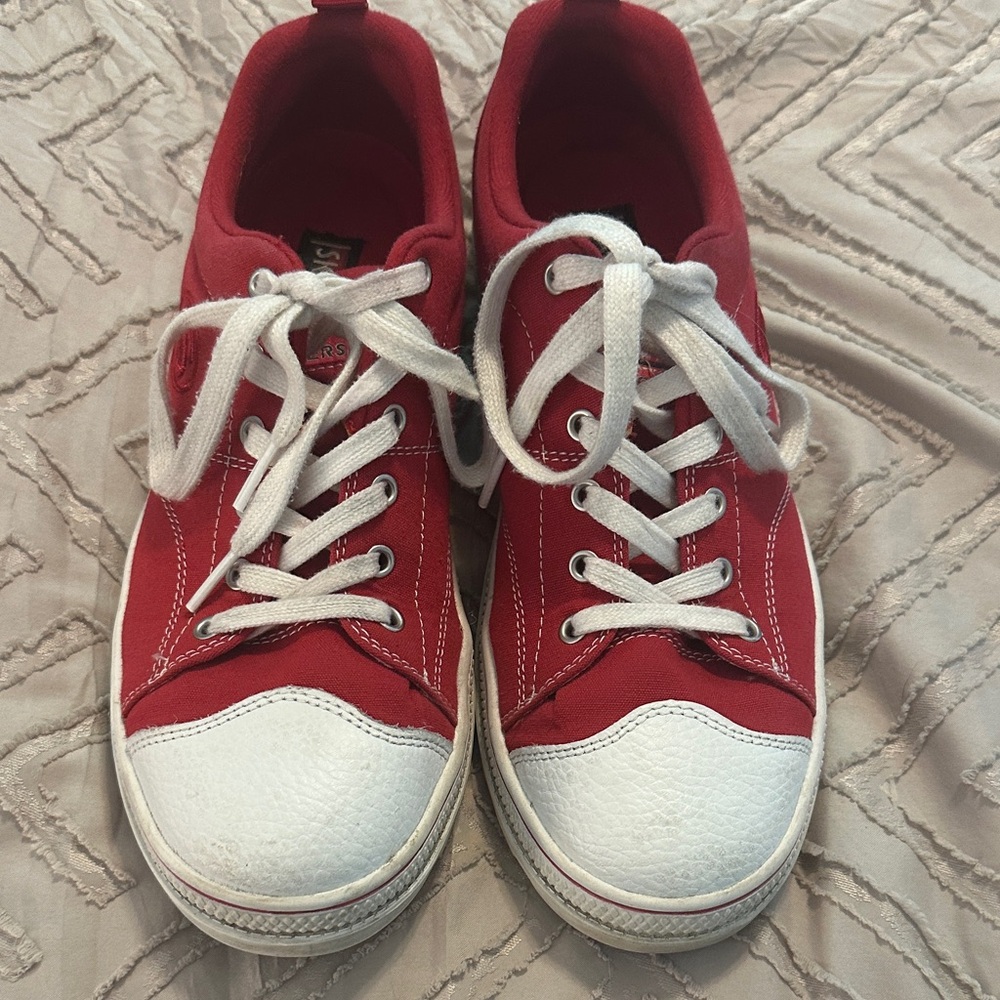 Skechers Red Canvas Lace-Up Sneakers with White Toe Cap - Picture 2 of 5